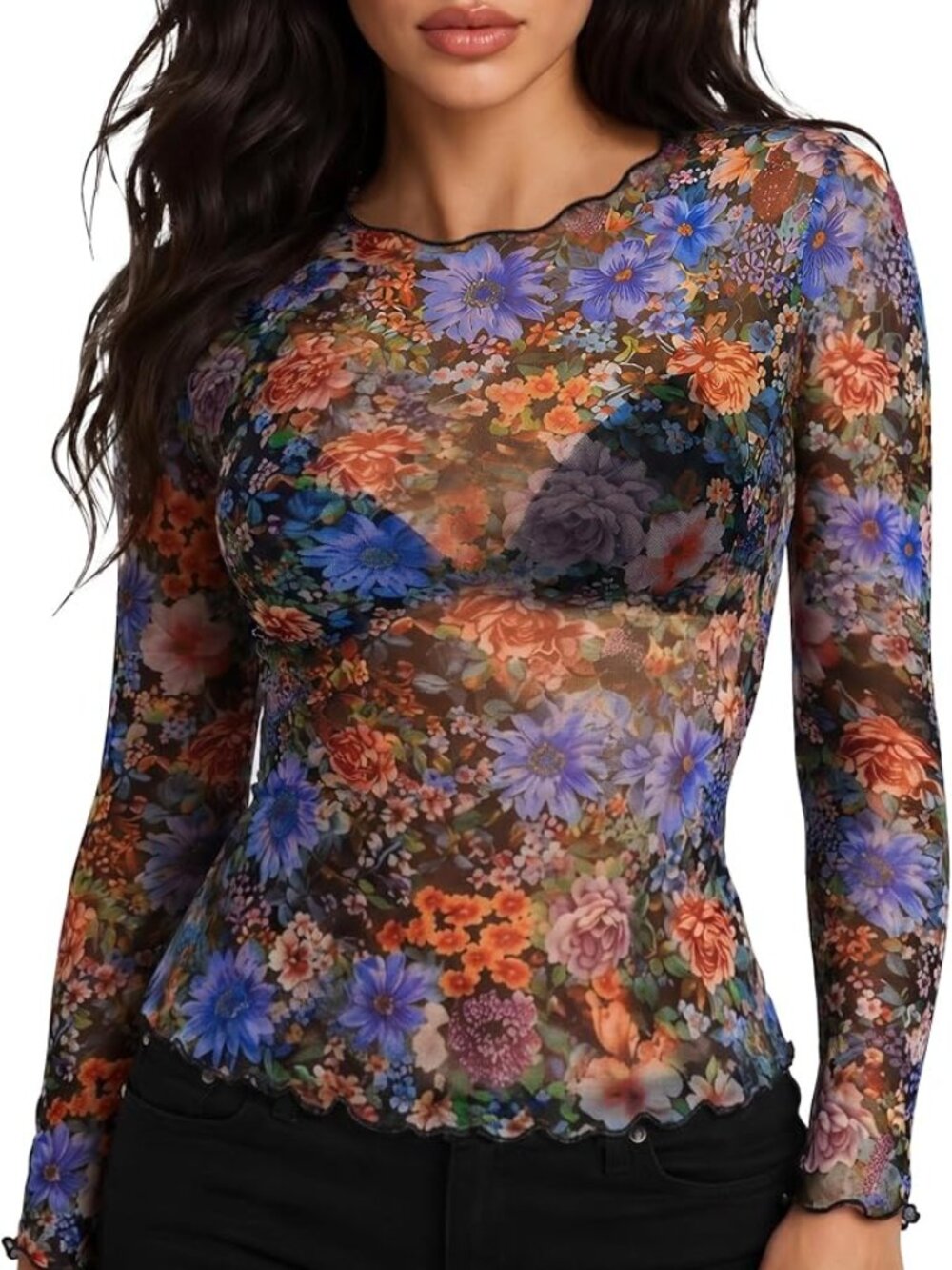 Lace Tops for Women Long Sleeve Crewneck See Through Mesh Shirts